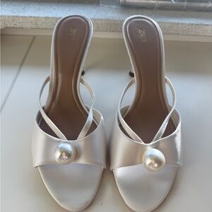 Zara Elegant Cream Heels with Pearl Accent
